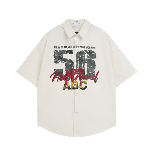 Retro Letter Print Cotton Short Sleeve Shirt