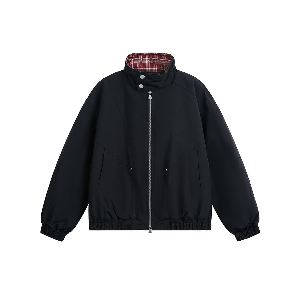 Splicing Plaid Stand-Up Collar Loose Jacket