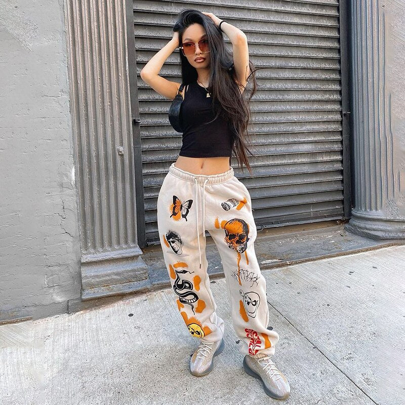 Harajuku Cartoon Printed Sweat Pants for Women