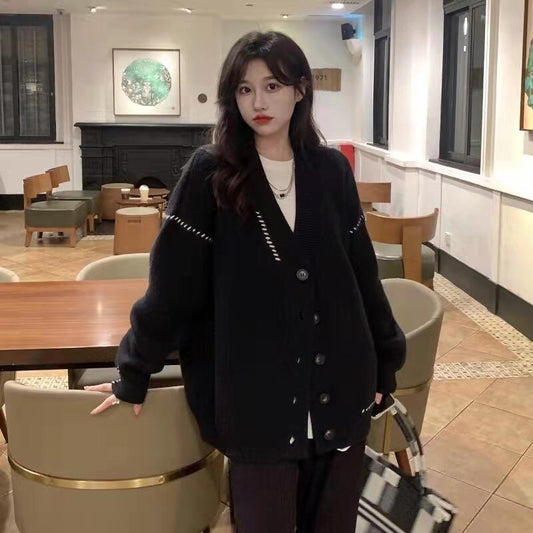 V-Neck Loose College Chic Cardigan for Women