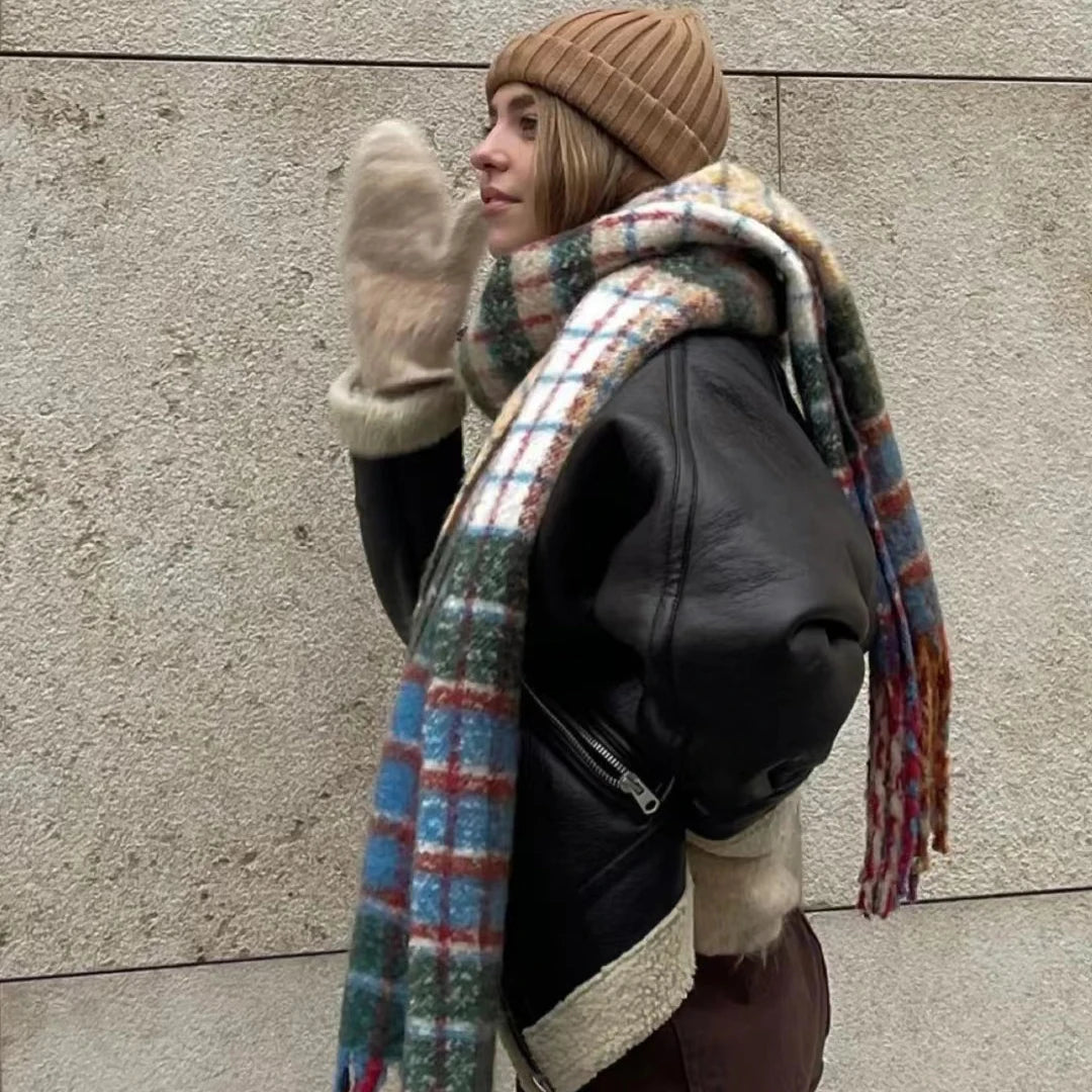 Harajuku Style Rainbow Plaid Wool Scarf with Tassels