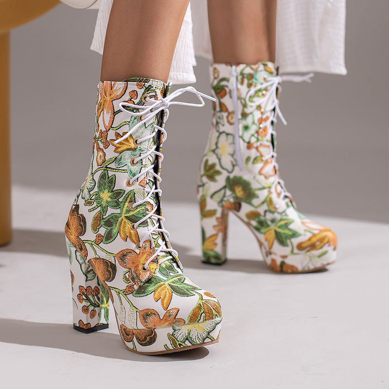 Bohemian Lace Up Platform Super High Heel Women's Short Boots