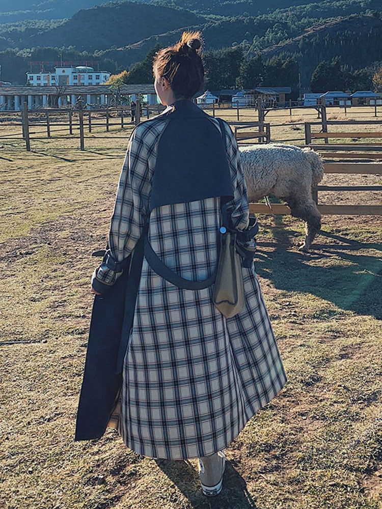 Retro Plaid Over The Knee Windbreaker Coat for Women
