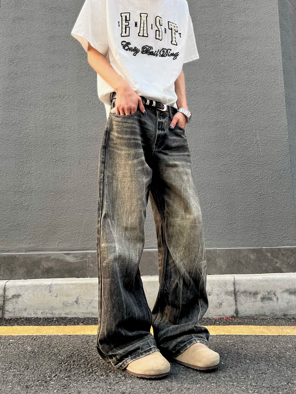 Harajuku-Style Washed Retro Distressed Wide Leg Denim Pants
