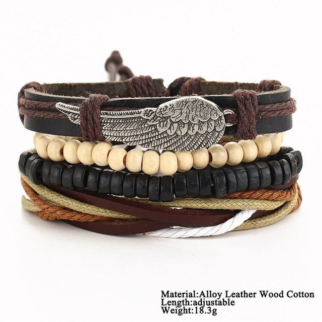 2 pcs Tibetan Stone Feather Multilayer Leather Bracelet Set