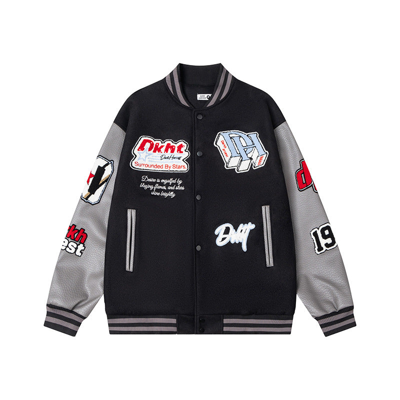 Letter Embroidered Leather Varsity Jacket