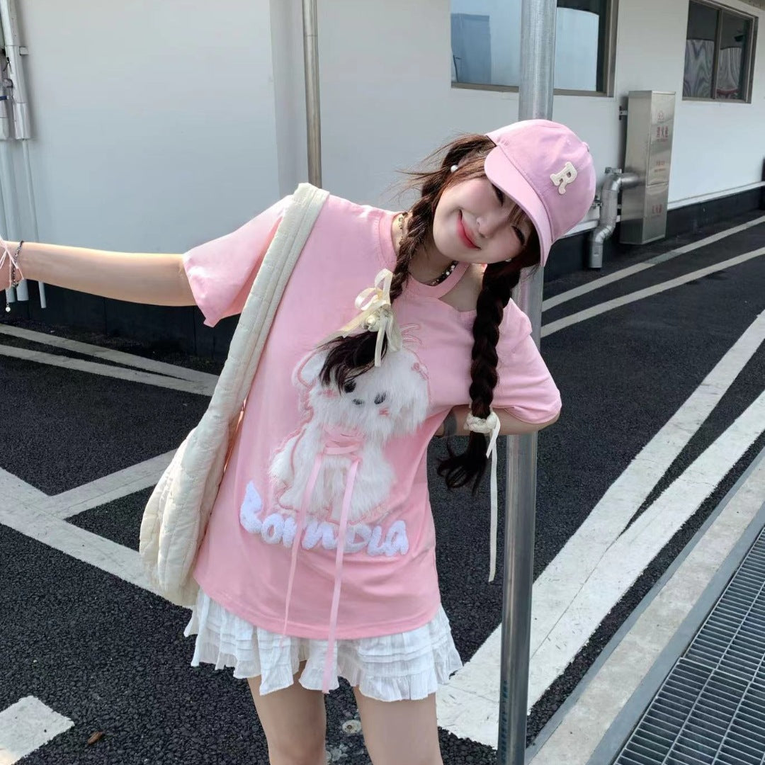 Playful Plush Dog Off-Shoulder Tee for Women