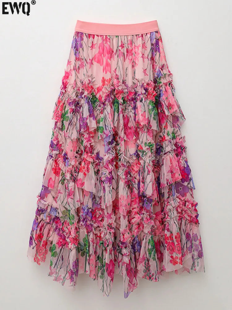 Playful Floral A-Line Skirt with Lace for Women