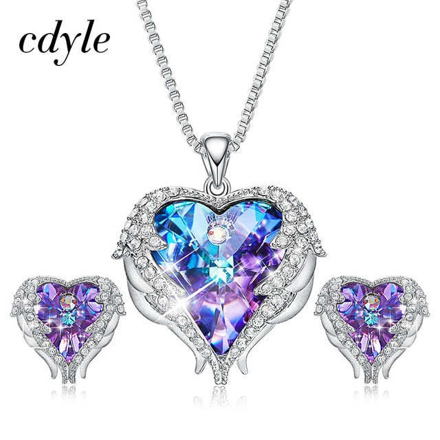 Swarovski Angel Wings Jewelry Set - Purple Blue Heart Pendant