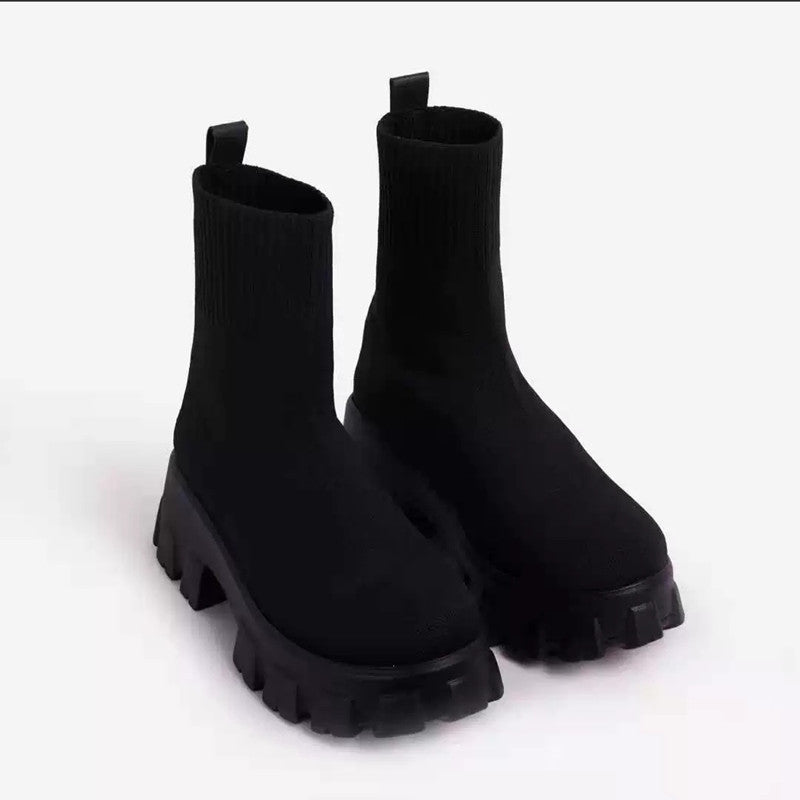 Large Size Thick Heel Black Boots - Flying Woven Casual Mid-Calf Black Boots