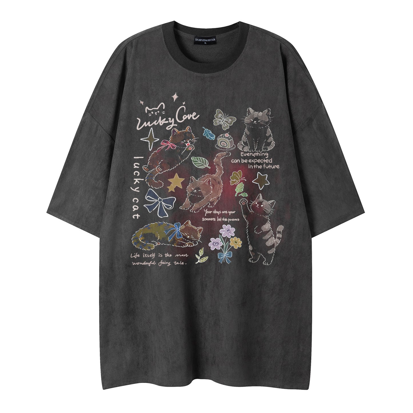 Cat Butterfly Print Short-Sleeved Shirt — Harajuku Style Loose Fit Cotton Blend Tee