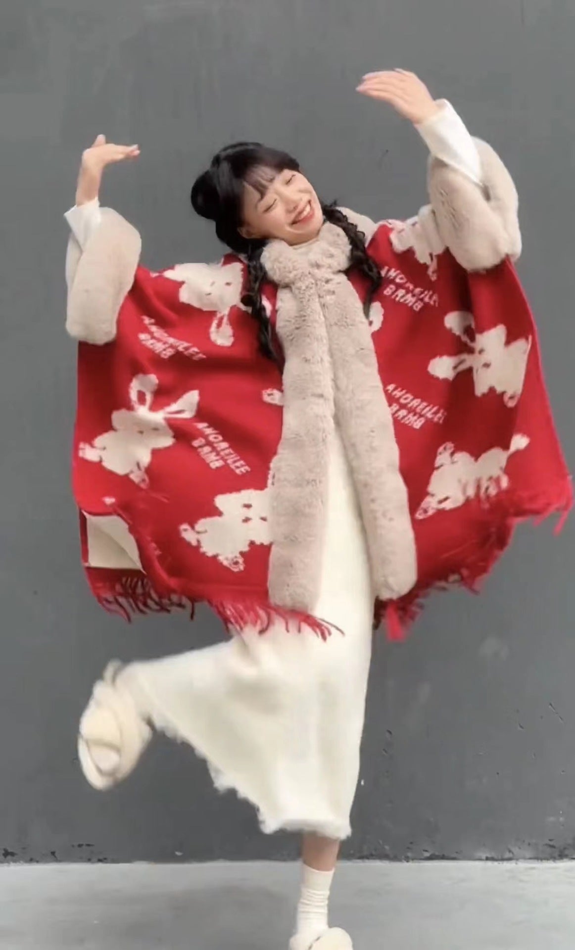 Poncho with Fleece Lining - Thick Knitted Hooded Shawl Featuring Fur Collar and Tassels