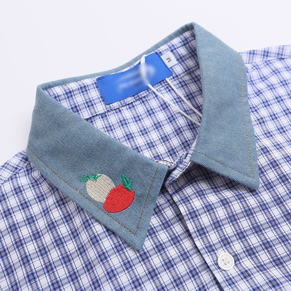 Playful Cartoon Bear Plaid Short-Sleeved Shirt for Men