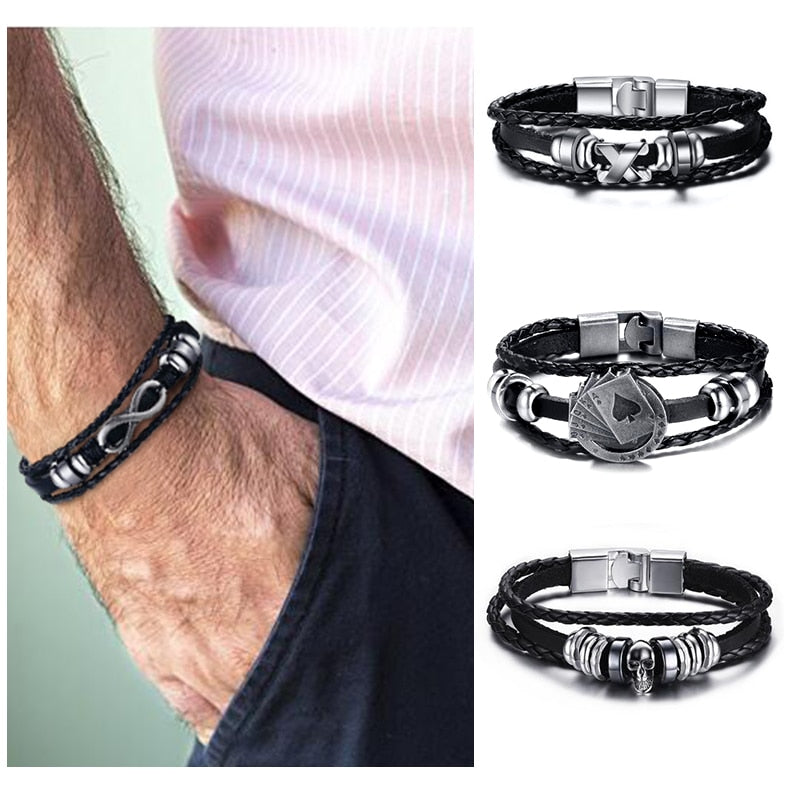 Harajuku Style Black Leather Infinity Men Bracelet