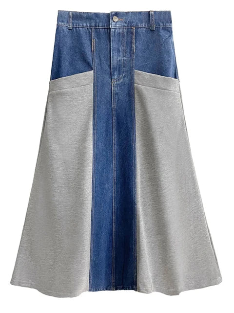 Harajuku Style Color-block Long A-line Denim Skirt