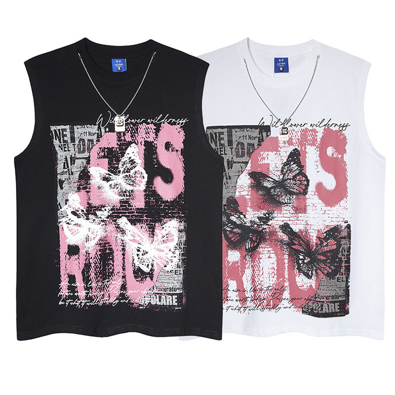 Butterfly Letter Print Design Necklace Sleeveless Vest Shirt