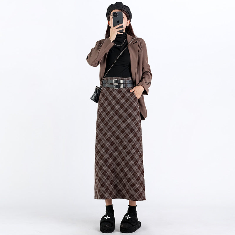 Women's College Style High Waist Plaid Slit A-Line Midi Skirt - Loose Elastic Slim Fit Pencil Skirt