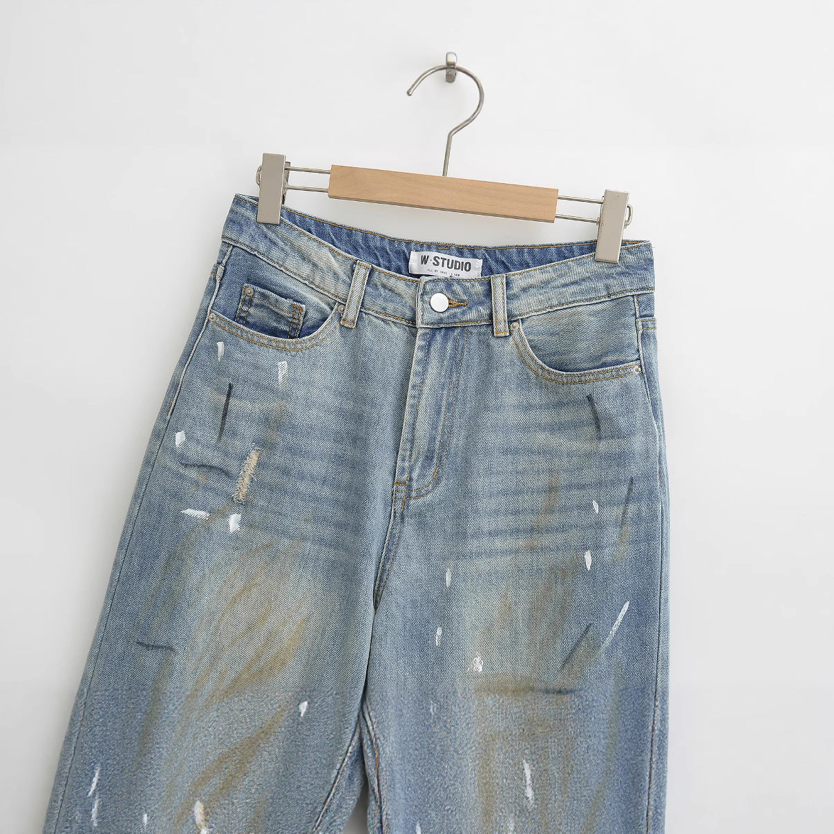 High-Waisted Distressed Wide-Leg Denim Trousers