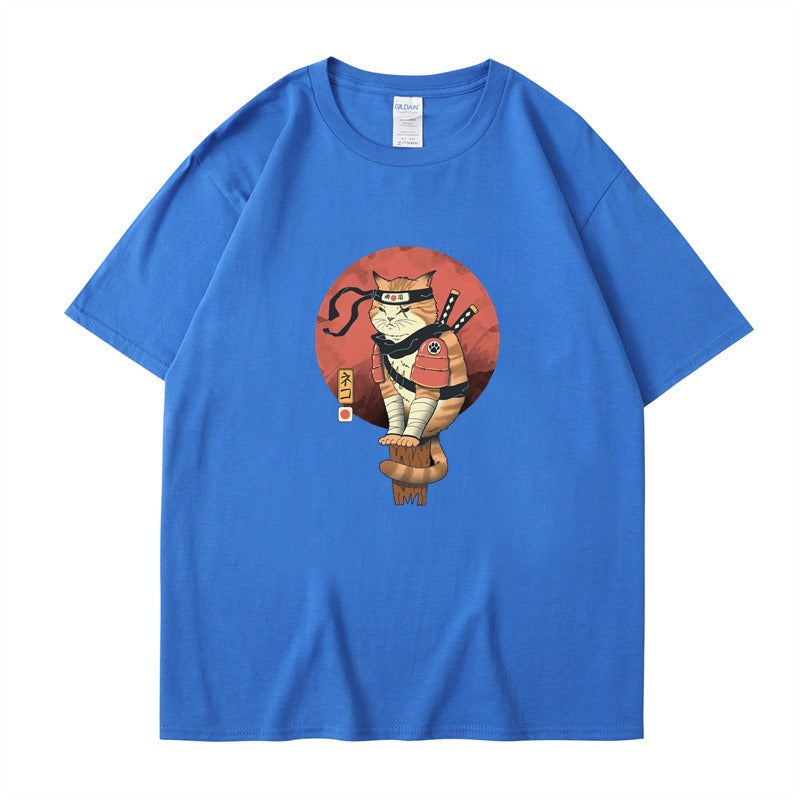 Ninja Cat Print T-Shirt - Short Sleeved Round Neck