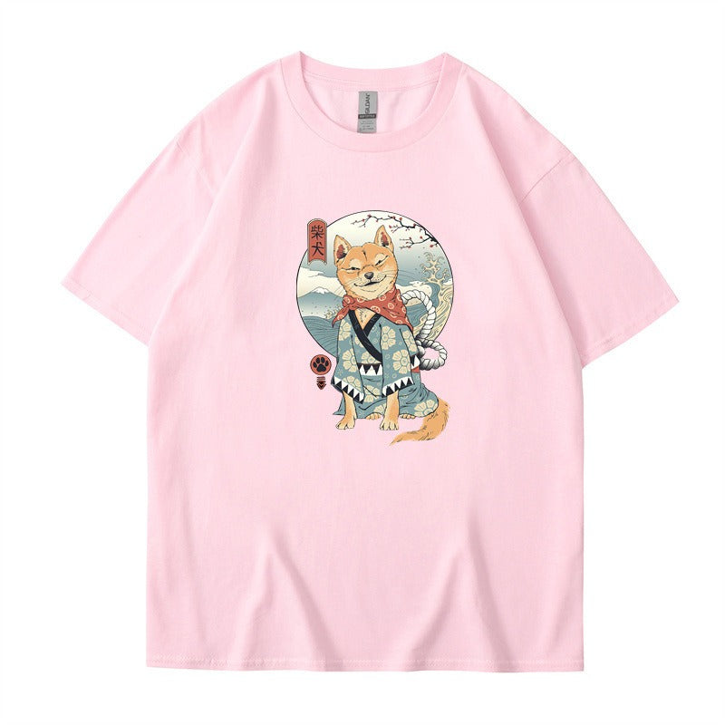 Chai Gou Ukiyo-e Style Shibu Inu Round Neck Short Sleeved Casual Top for Men