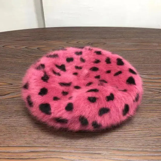 Elegant Rabbit Fur Spotted Leopard Beret for Women