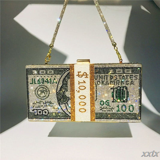Money Clutch Rhinestone Purse - 10000 Dollars Stack