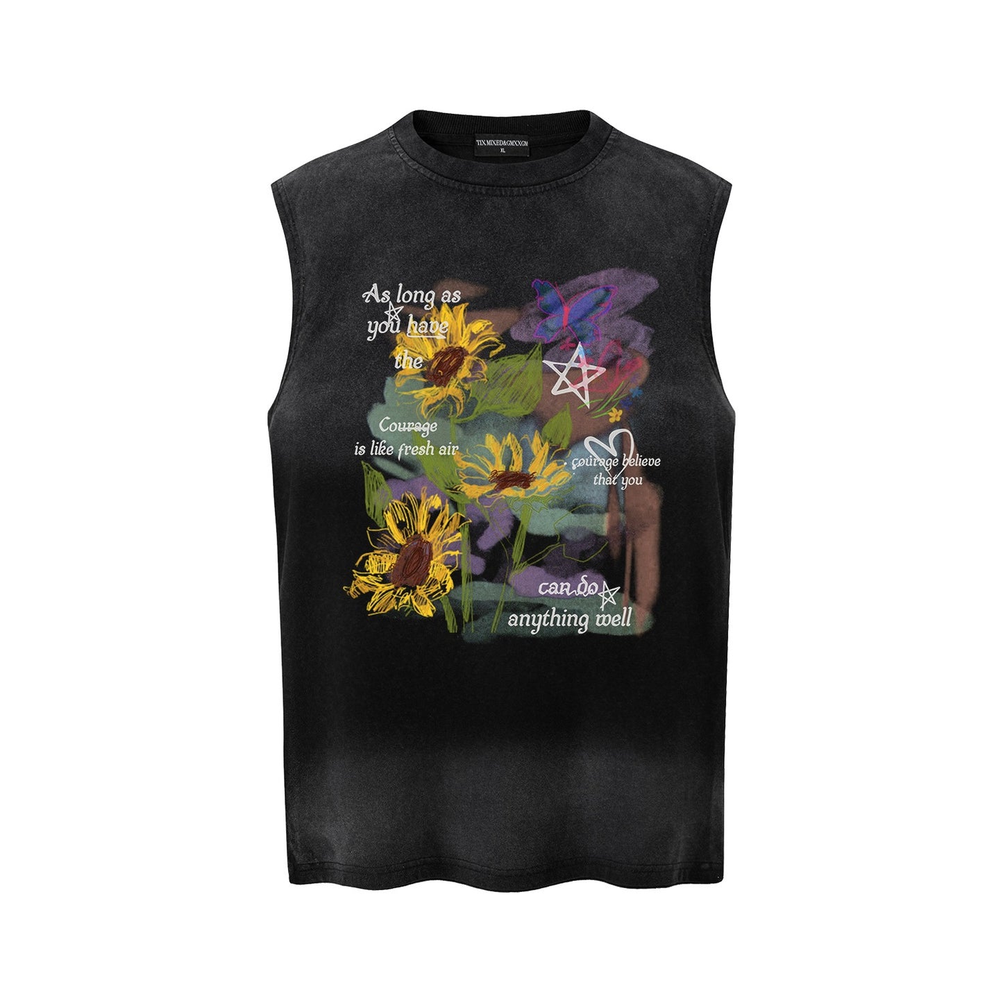 Sunflower Graffiti Vest — Harajuku Style Loose-Fit Cotton Vest (Black / Pink)