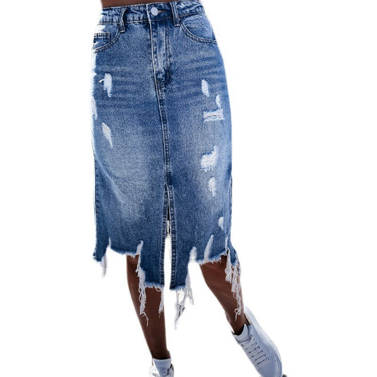 Chic Harajuku Women's Ripped Denim Skirt with Tassels