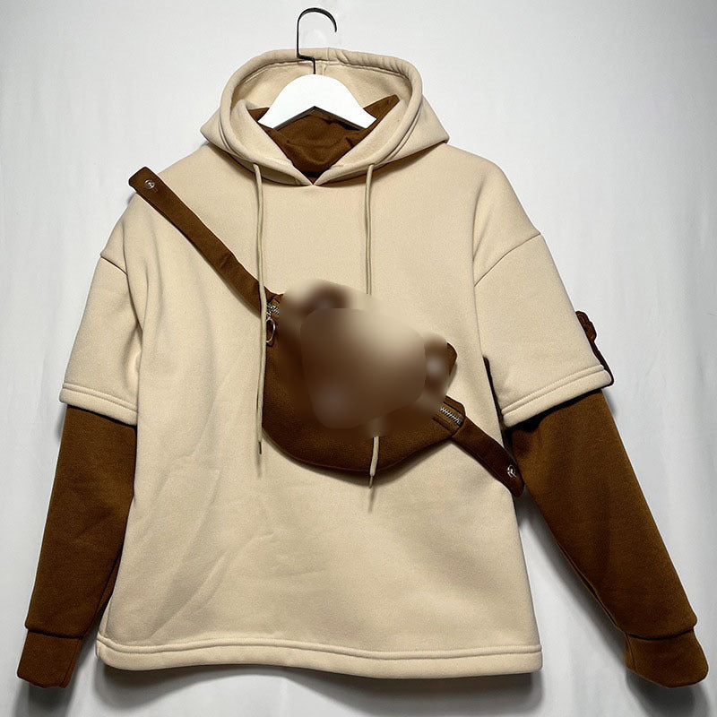 Cute Cartoon Hooded Sweatshirt for Couples with Patchwork Design