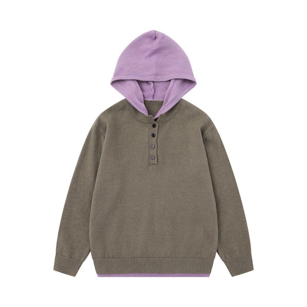 Fake Two-Piece Spliced Contrasting Hooded Knitted Sweater