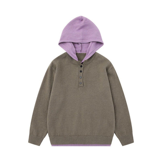 Fake Two-Piece Spliced Contrasting Hooded Knitted Sweater