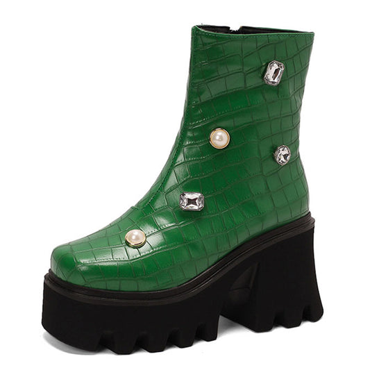 Rhinestone Thick Bottom Boots - British Style