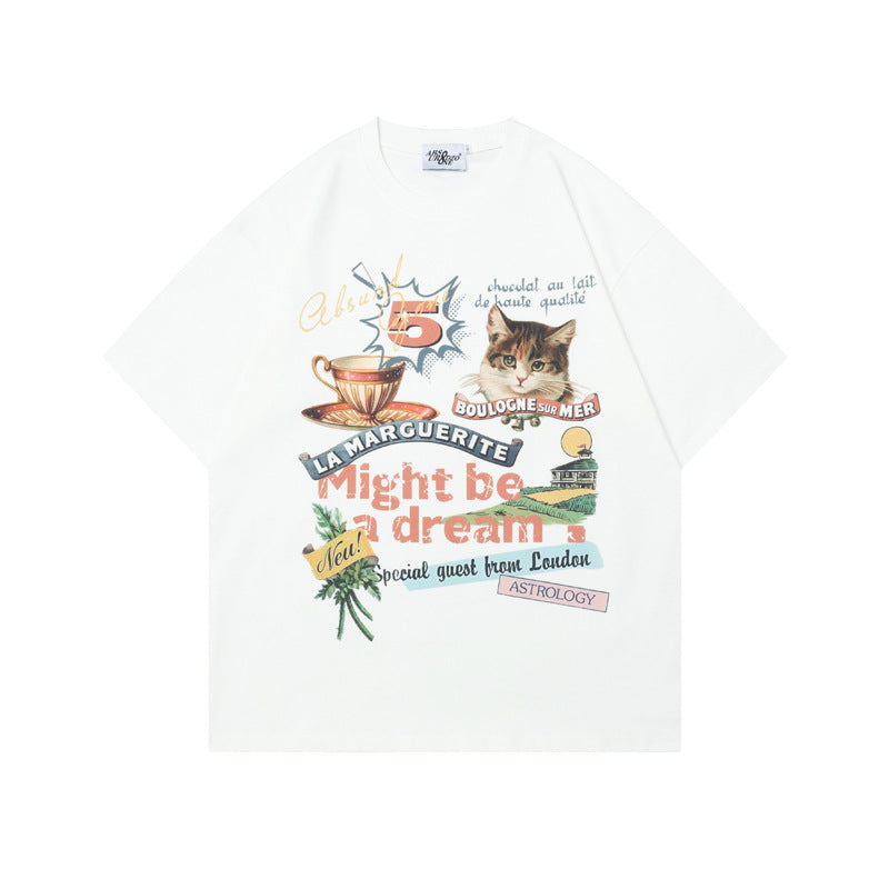Unique Fun Cat Print Casual Loose Fit Short Sleeve T-Shirt for Men Summer Wear