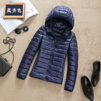 Ultra-Lightweight Slim Down Jacket for Women – Short Hooded Warm White Duck Down Coat