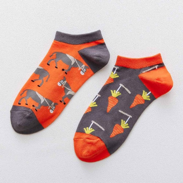 Playful Harajuku Men's Cotton Ankle Socks - Funny Animal & Fruit Designs