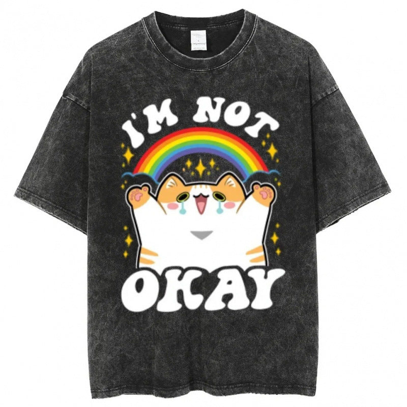 Summer Cartoon Cute Pattern Printed T-Shirt Vintage Washed Cotton Short Sleeve Top