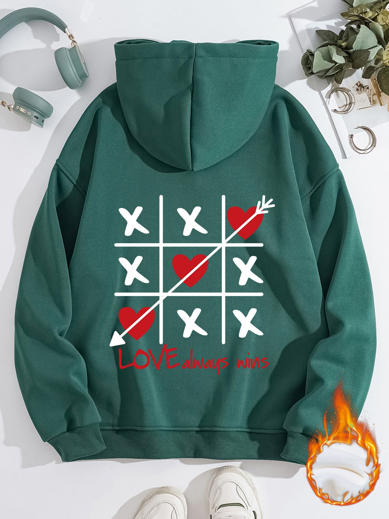 Thick Fleece Hoodie with Love Design