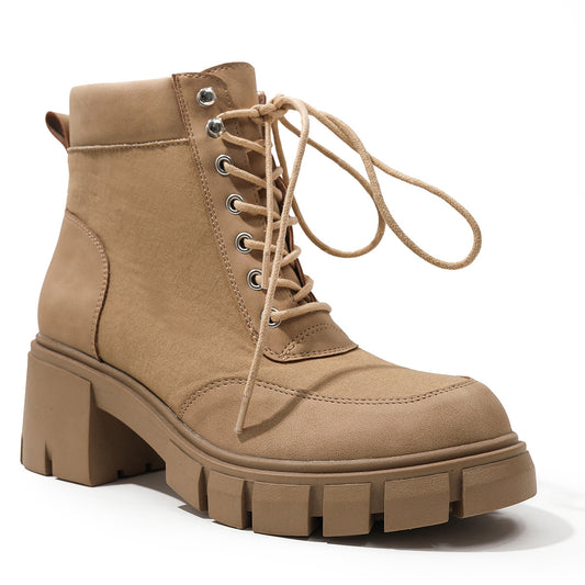 Thick Soled Short Boots for Women with Straps - Round Toe Boots