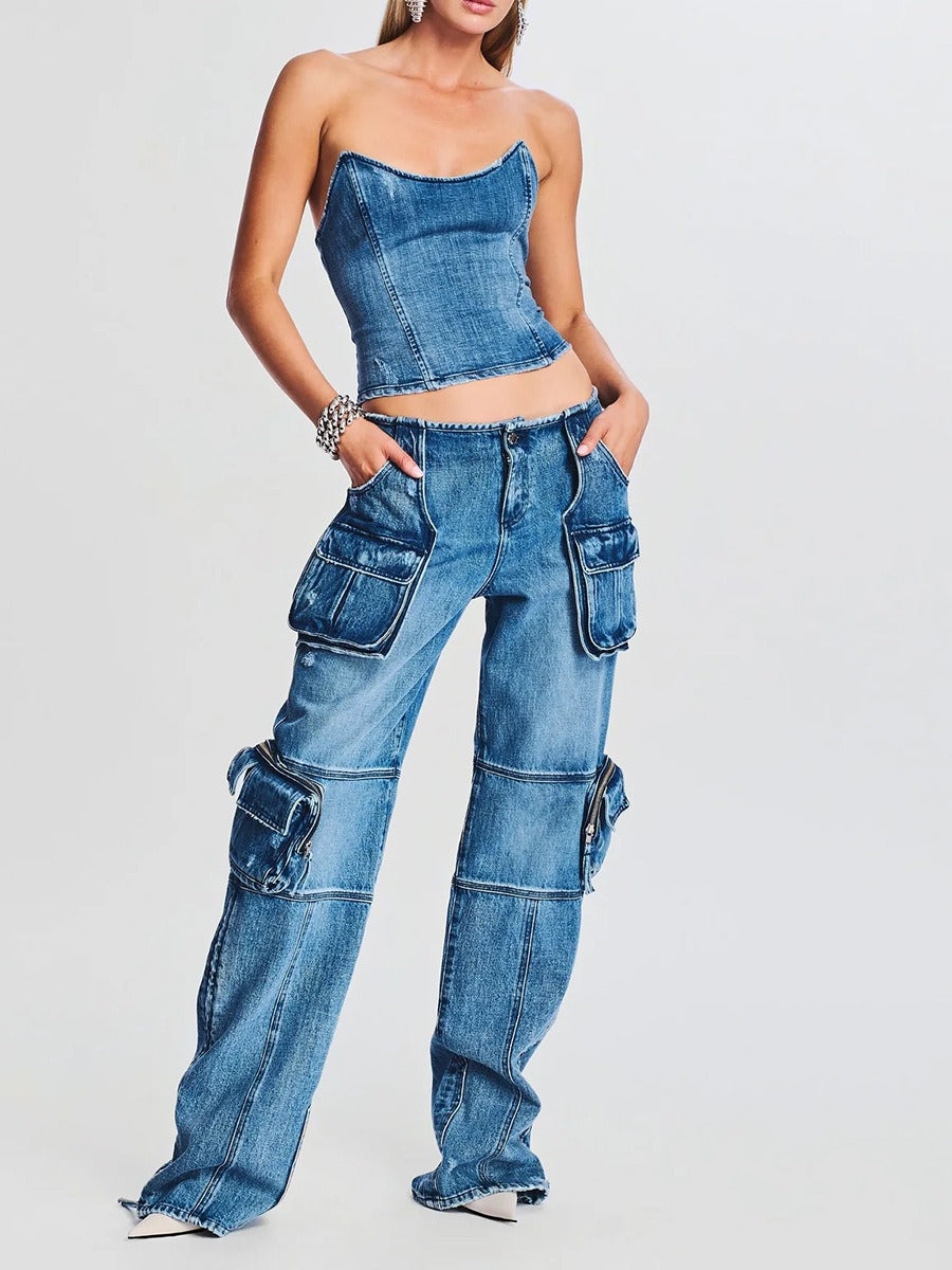 Harajuku Style Mid Waist Buckle Multi-Pocket Denim Pants