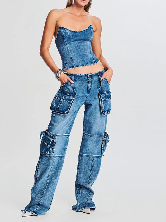Harajuku Style Mid Waist Buckle Multi-Pocket Denim Pants