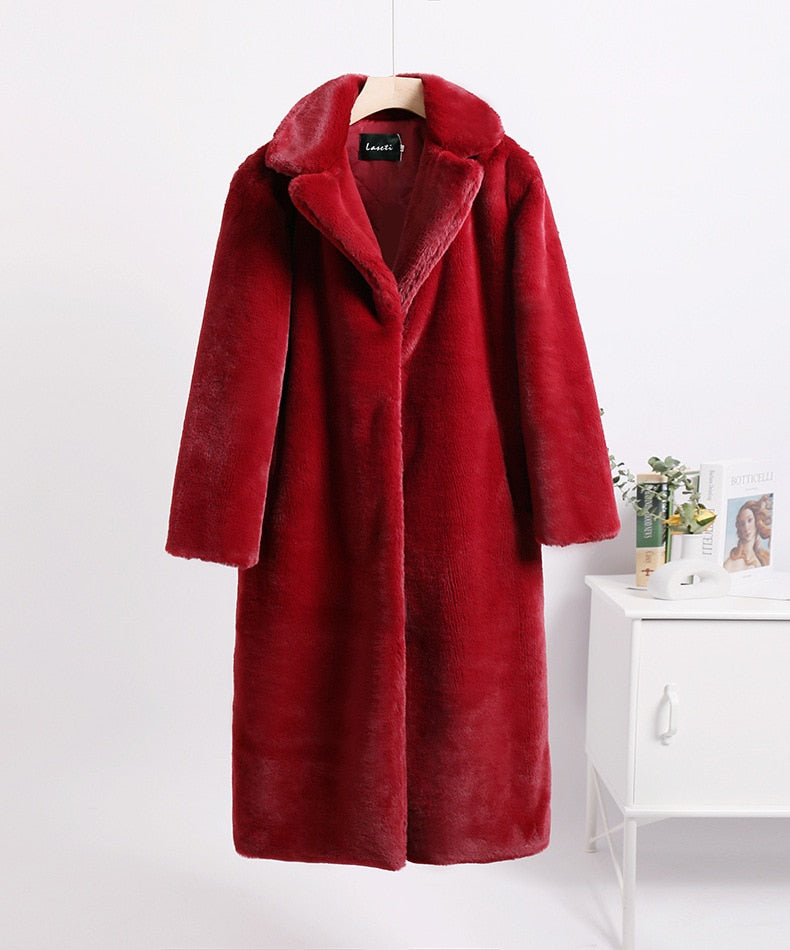 Mid-Length Mink Velvet Faux Fur Coat with Furry Collar