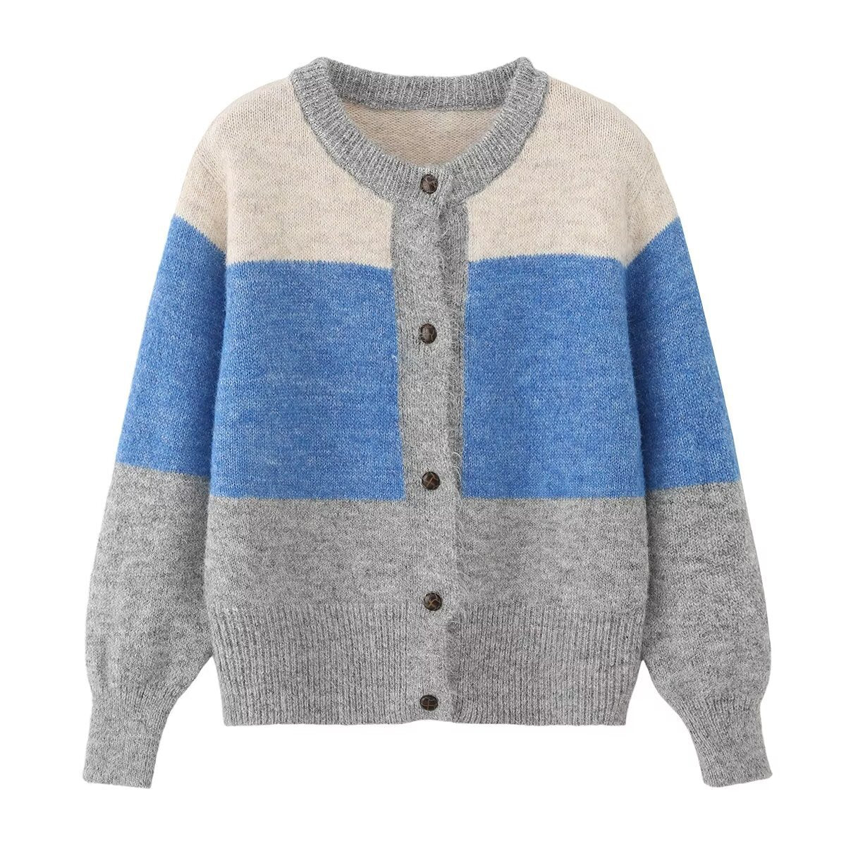Striped Round Neck Single-Breasted Long-Sleeve Sweater
