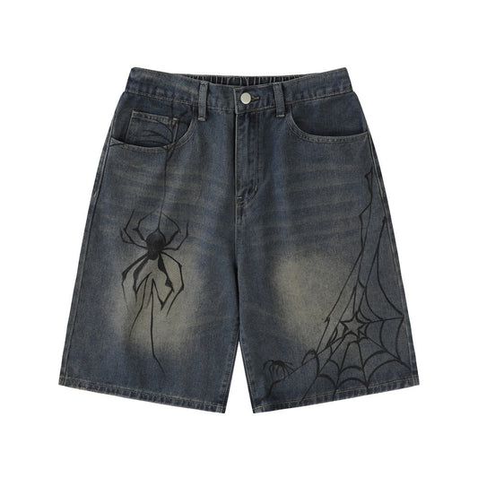 Unique Spider Print Denim Shorts for Men - Harajuku Style