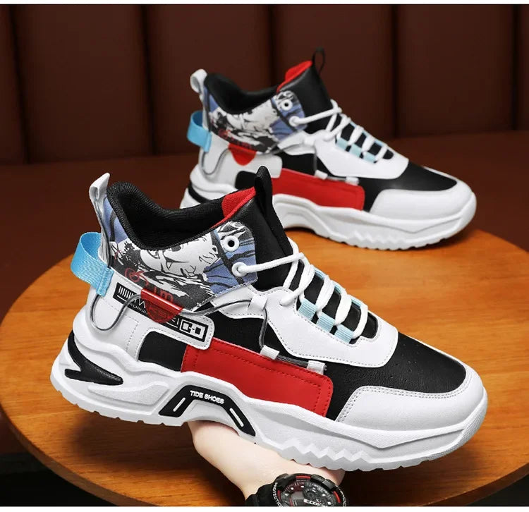 Men's High Top White Sports Shoes - Thick Sole & Stylish