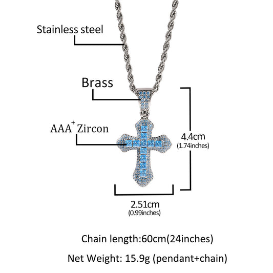 Hip Hop Blue Zircon Cross Necklace - Harajuku Style