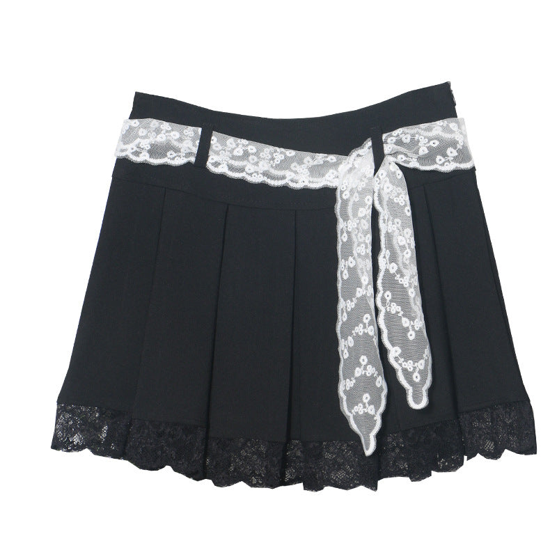 Solid Color Pleated Skirt with Lace Belt for Women