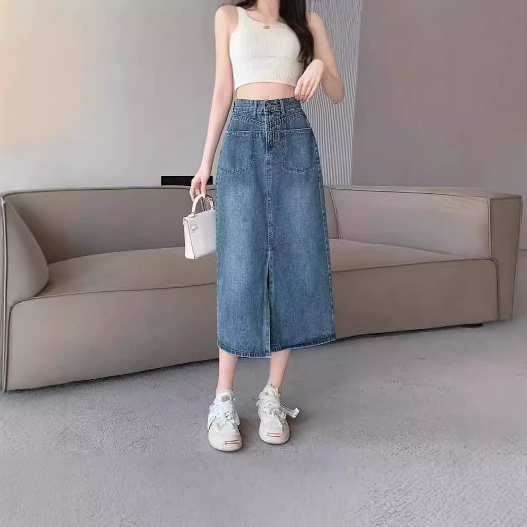 High-Waisted Front Slit Denim Skirt - Versatile A-Line Midi Skirt for Women, Slimming Fit