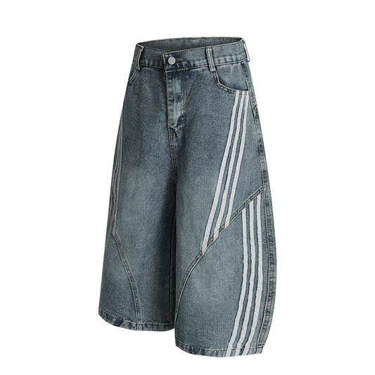 Three-Stripe Curved Knife Denim Shorts - Harajuku Style