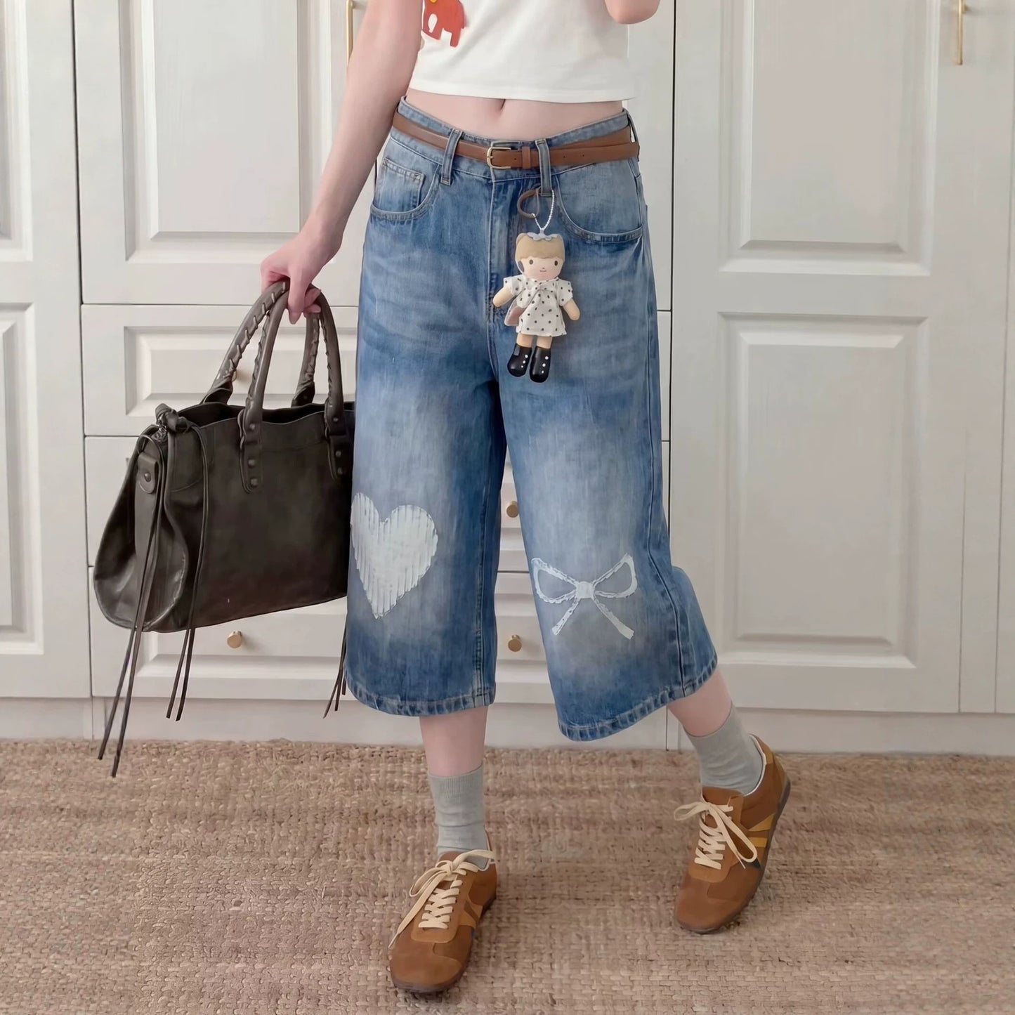 Harajuku Design Jeans Washed Bleached Loose Straight Leg Drape Wide Leg Pants - XGN-D112 Blue