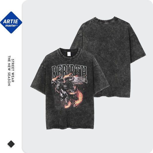 Firehorse Print Worn Out T-Shirt for Men - Harajuku Style